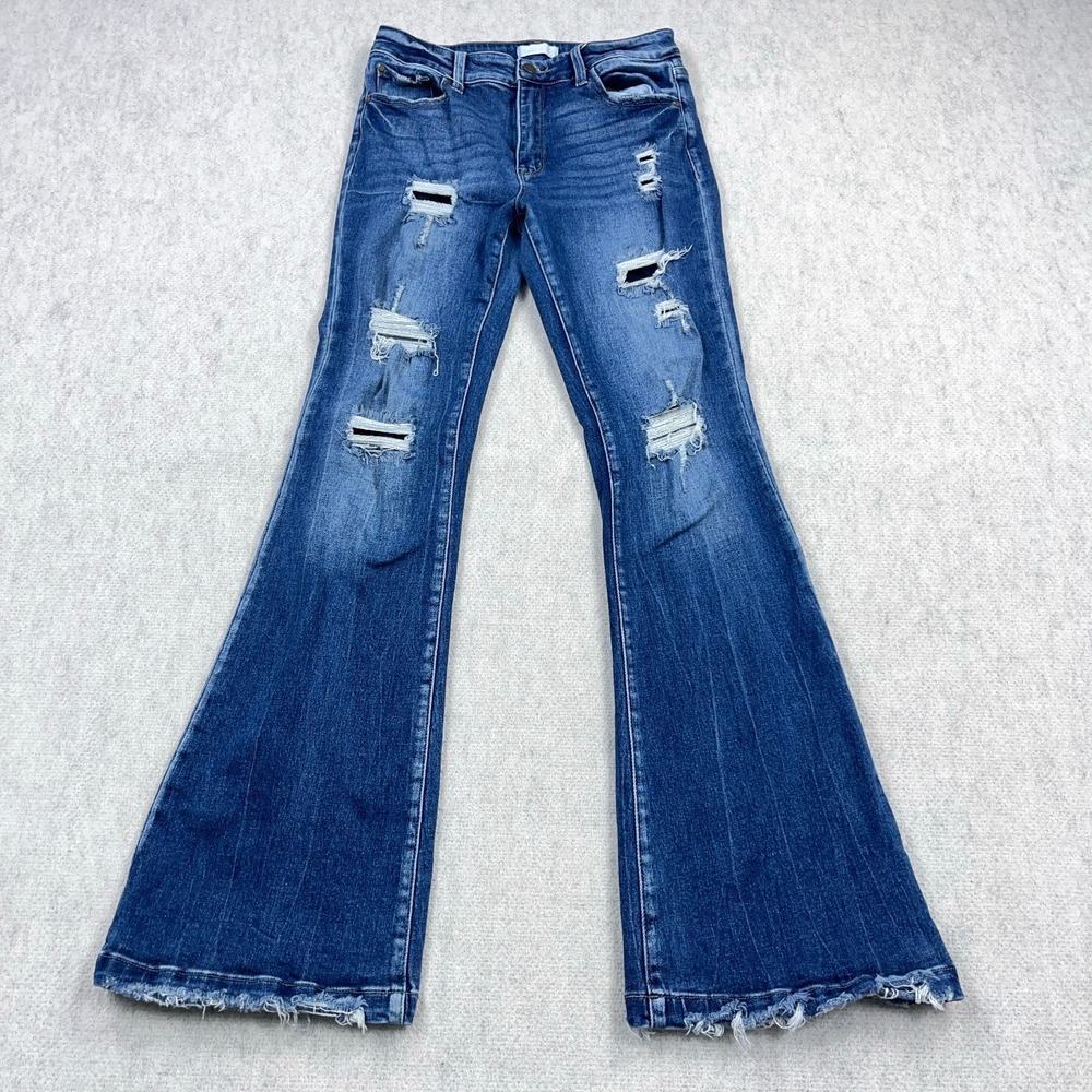 Women's Distressed Dark Blue Flare Jeans - Wide Leg